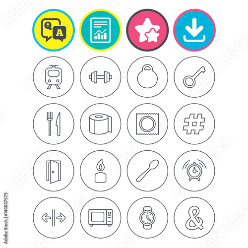 Universal icon. Fitness dumbbell, key and candle.