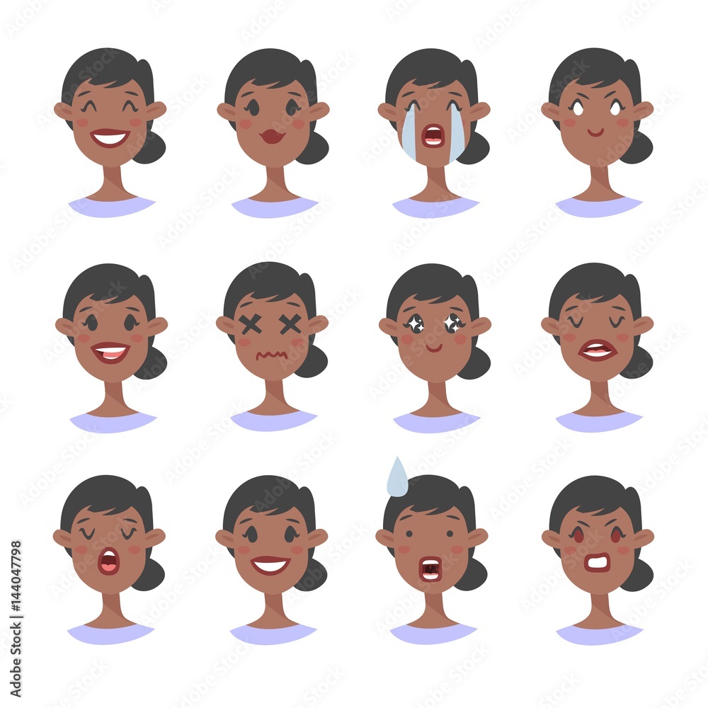 Set of emotional character. Cartoon style emoji. Isolated black girl avatars with different facial expressions. Flat illustration womens faces. Hand drawn vector Set of emotional character. Cartoon style emoji. Isolated black girl avatars with different facial expressions. Flat illustration womens faces. Hand drawn vector