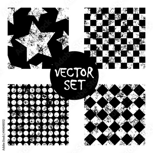 Set of vector seamless patterns Creative geometric black and white backgrounds with squares,stars,circles.Texture with attrition, cracks and ambrosia. Old style vintage design. Graphic illustration. photo