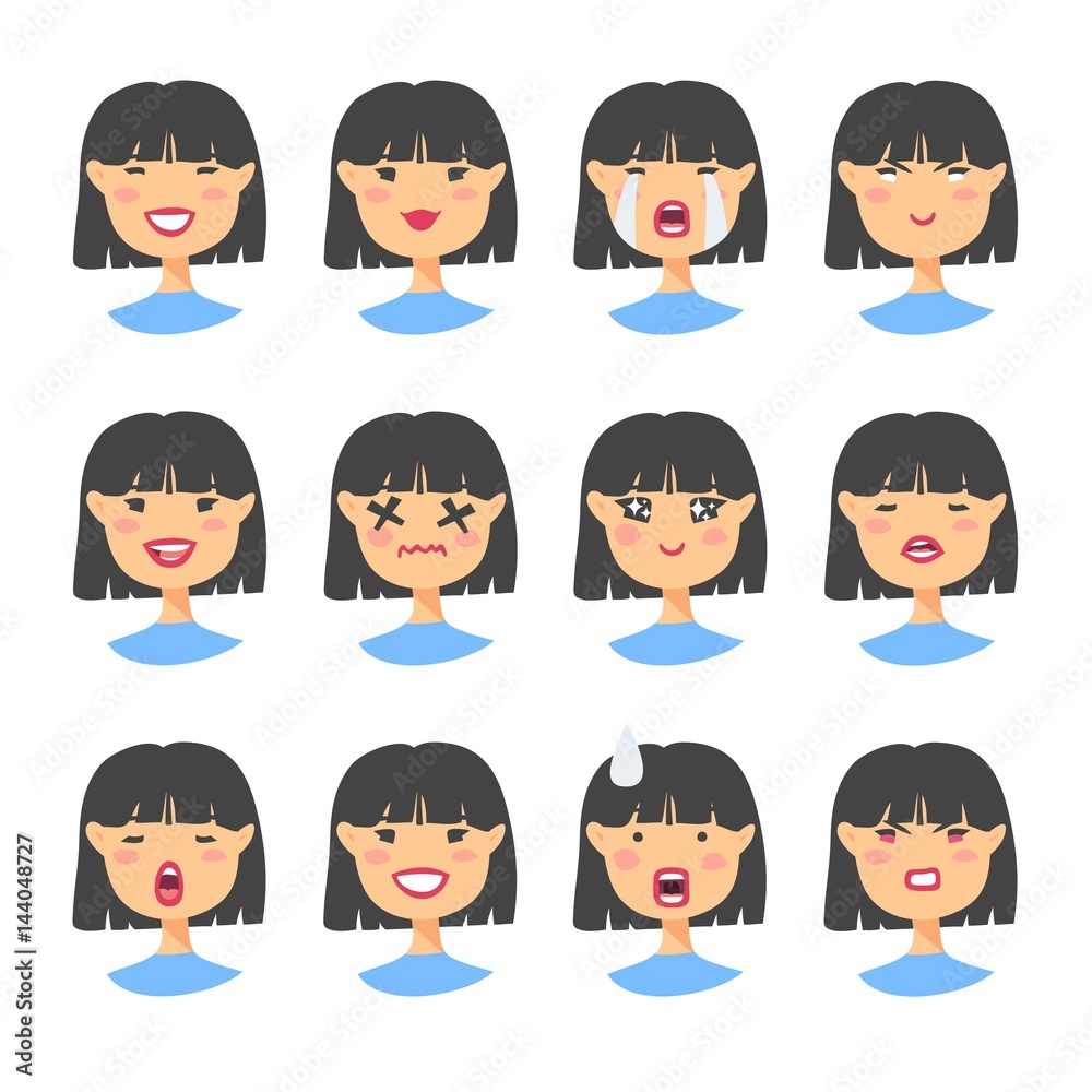 Set of asian emoji character. Cartoon style emotion icons. Isolated girl avatars with different facial expressions. Flat illustration womens emotional faces. Hand drawn vector drawing emoticon Set of asian emoji character. Cartoon style emotion icons. Isolated girl avatars with different facial expressions. Flat illustration womens emotional faces. Hand drawn vector drawing emoticon