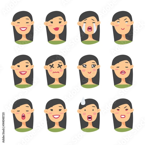 Set of asian emoji character. Cartoon style emotion icons. Isolated girl avatars with different facial expressions. Flat illustration womens emotional faces. Hand drawn vector drawing emoticon