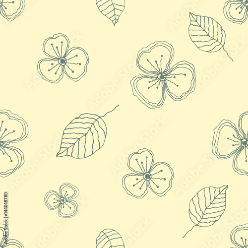 Set of seamless vector floral patterns. Yellow hand drawn background with flowers, leaves, decorative elements. Graphic illustration. Series of Hand Drawn Seamless vector Patterns.