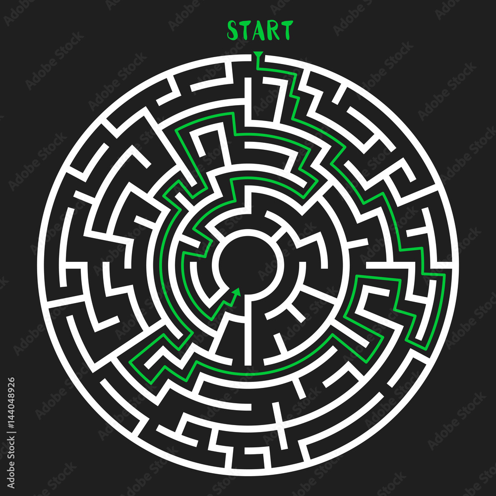 Circle Maze with Solution. Labyrinth with Entry and Exit. Find the Way Out Concept. Vector Illustration. Circle Maze with Solution. Labyrinth with Entry and Exit. Find the Way Out Concept. Vector Illustration.