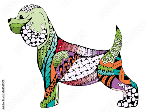 Zentangle stylized Cocker Spaniel dog, isolated on white background. Hand drawn sketch for adult antistress coloring page, T-shirt emblem, logo or tattoo with doodle, zentangle design elements.