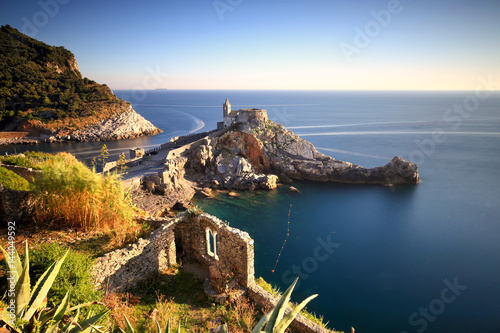 View of St. Peter church from the Portovenere Castle, Liguria, Italy photo