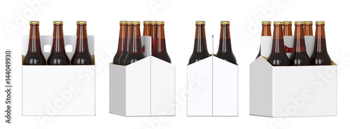 Obraz na plátně Six brown beer bottles in white corton pack