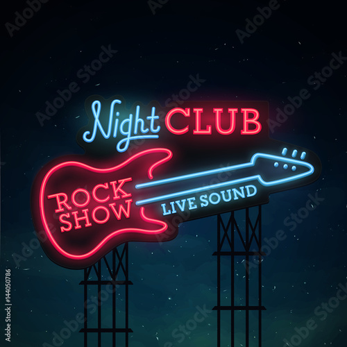 Rock Show sign. bright signboard, light banner. Night club logo, emblem. 