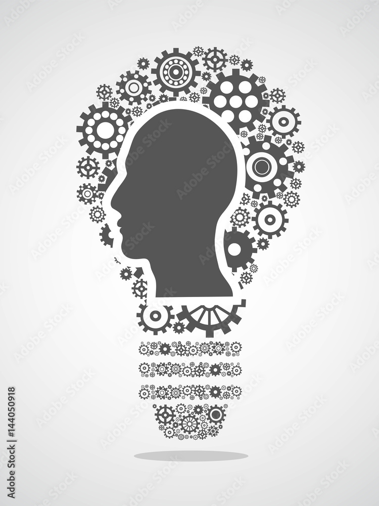human head in Gears forming a light bulb human head in Gears forming a light bulb
