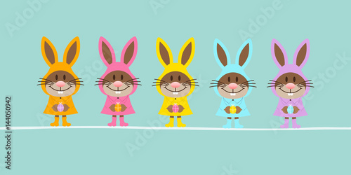 5 Easter Rabbits Rain Coats Banner Retro
