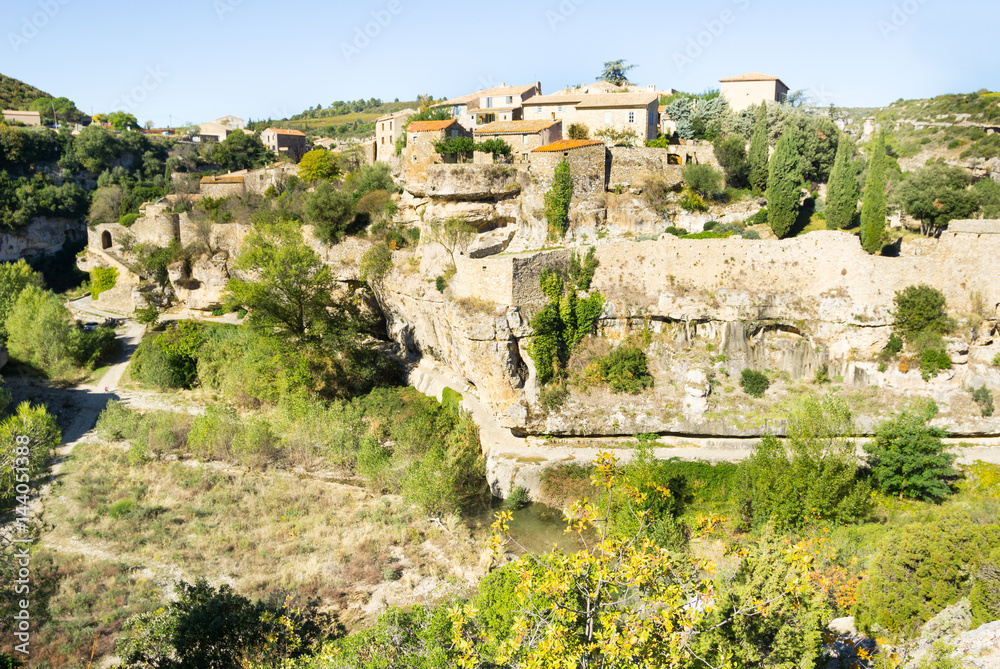 Minerve, small historic hillside village in mountains and Minervois wine growing region France.