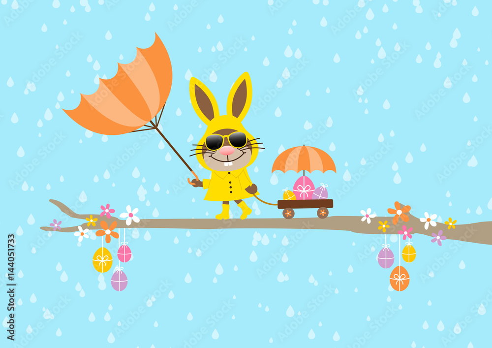 Bunny Umbrella Sunglasses Handcart Easter Eggs Storm Rain Blue Stock