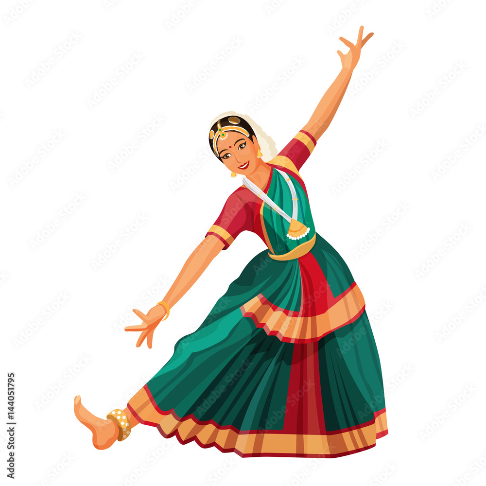 Solo dance performed by girl with hindi accessories. Bharatanatyam woman  Stock Vector