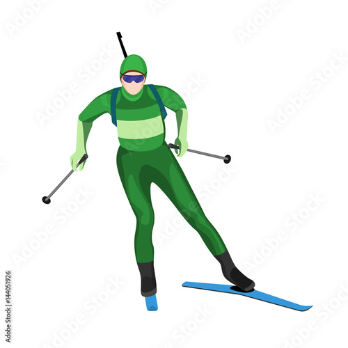 Biathlete skier with two lightweight poles on skis with rifle