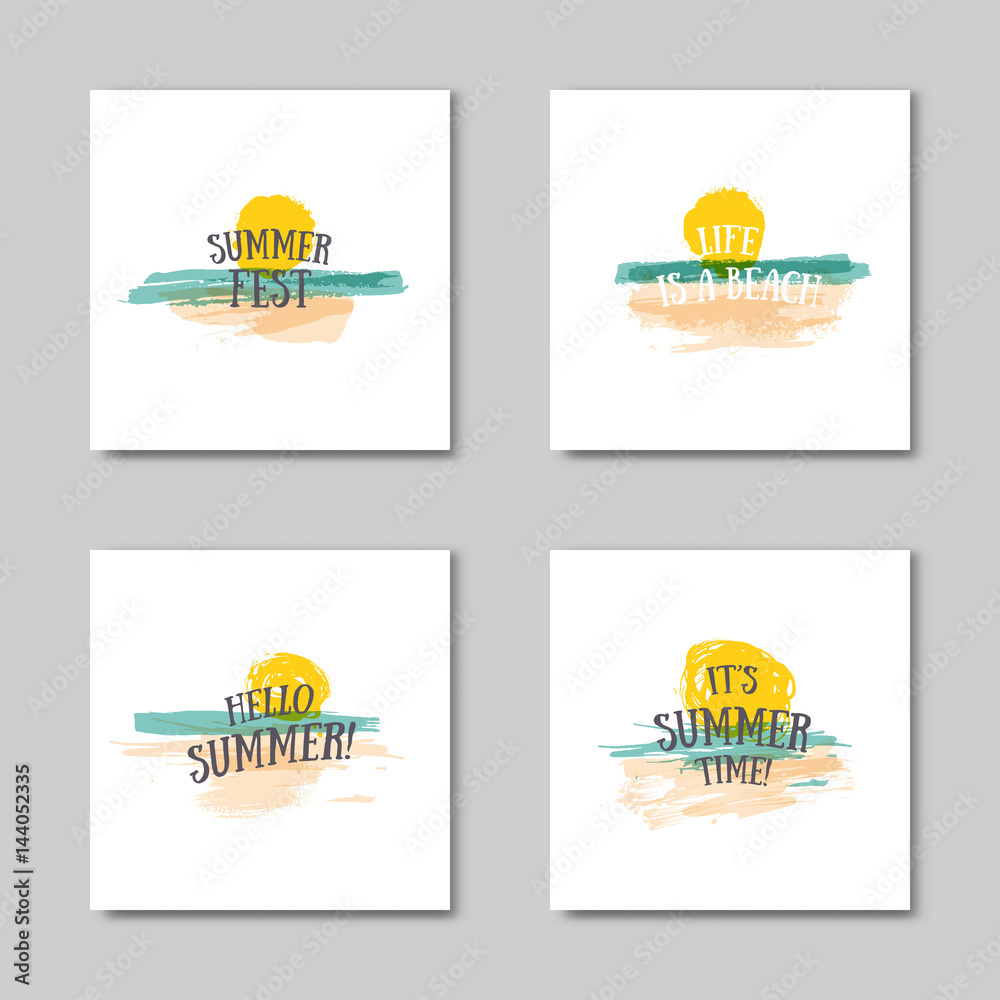 Set os summer holidays cards.Travel, beach, sea summer watercolor illustrations. Poster, banner, brochure, t-shirt design.