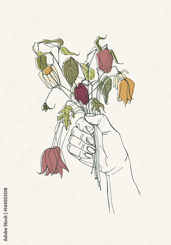 withered flowers in her hand, gone feeling concept. Hand drawn illustrations