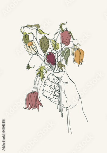 withered flowers in her hand, gone feeling concept. Hand drawn illustrations