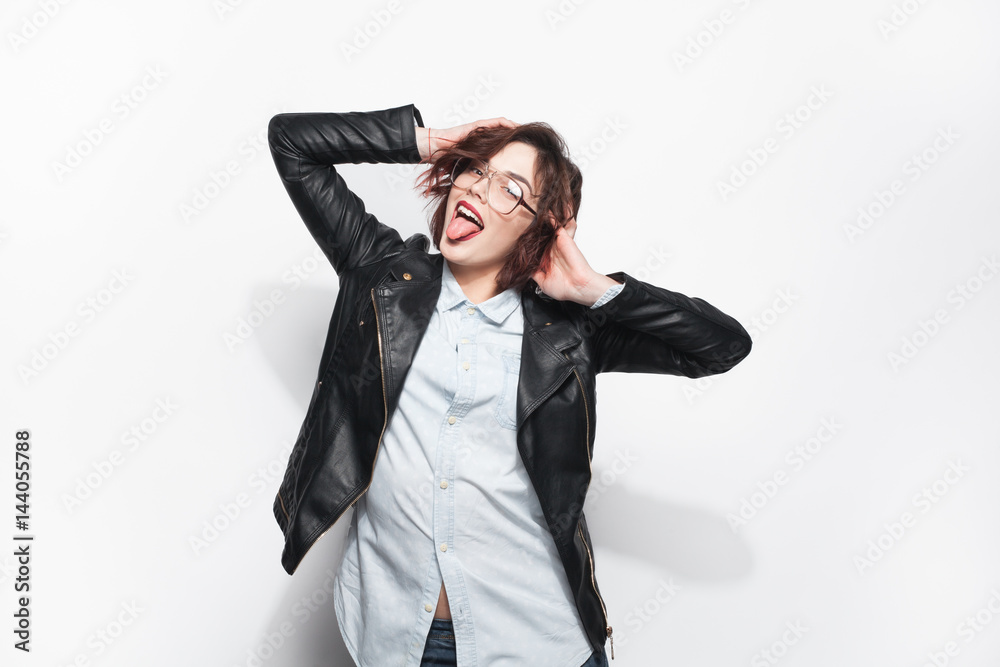 Trendy female making faces Trendy female making faces