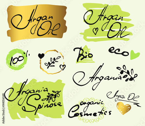 Set with hand drawn elements, words Argan Oil, eco, organic cosmetics, bio on white background