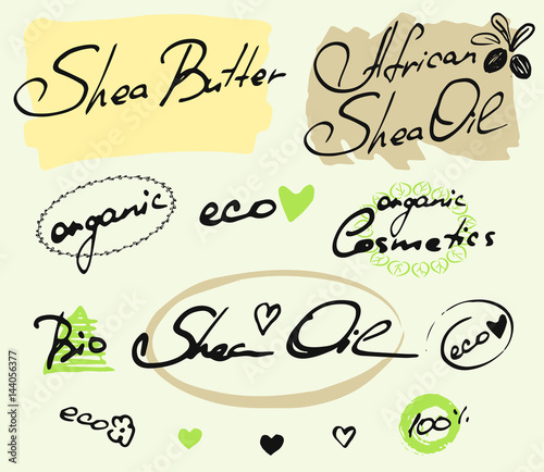 Set with hand drawn elements, words Shea Oil, eco, organic cosmetics, bio on white background