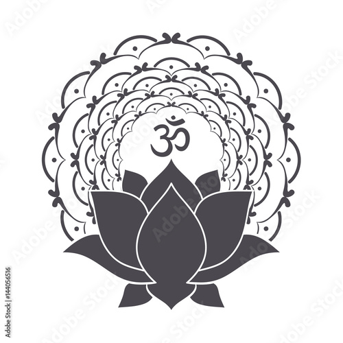 Om symbol with hand drawn mandala and Lotus. Set of oriental ornaments for greeting card, invitation, yoga poster, coloring book.