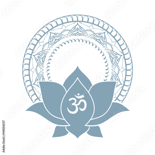 Om symbol with hand drawn mandala and Lotus. Set of oriental ornaments for greeting card, invitation, yoga poster, coloring book.