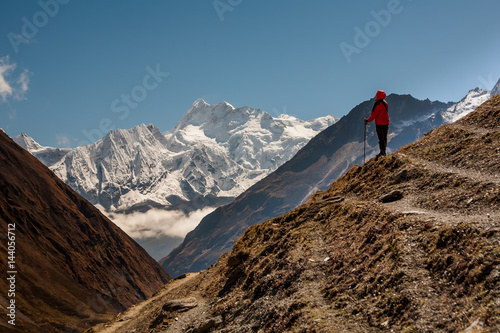 Trekker on Manaslu circuit trek in Nepal © Maygutyak