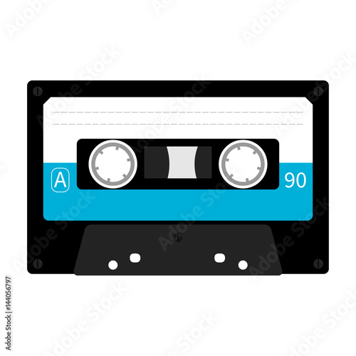 Plastic audio tape cassette. Retro music icon. Recording element. 80s 90s years. Blue color template. Flat design. White background. Isolated.