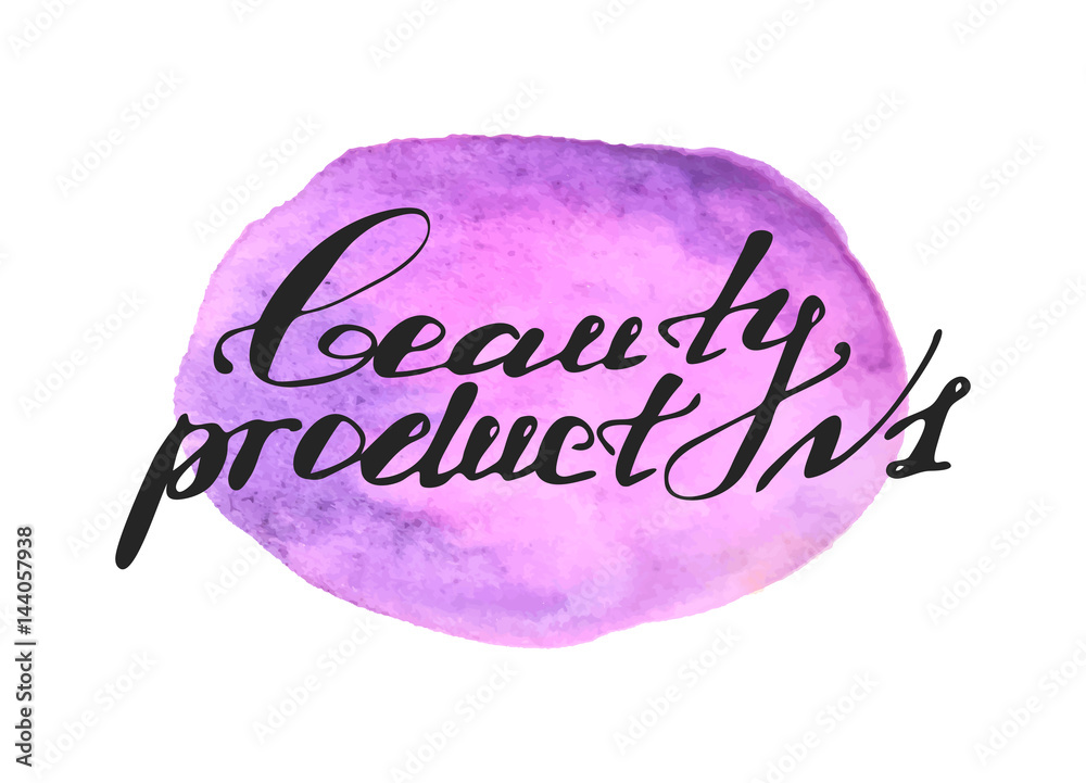 Hand written words Beauty Product number one on purple watercolor splash on white background Hand written words Beauty Product number one on purple watercolor splash on white background