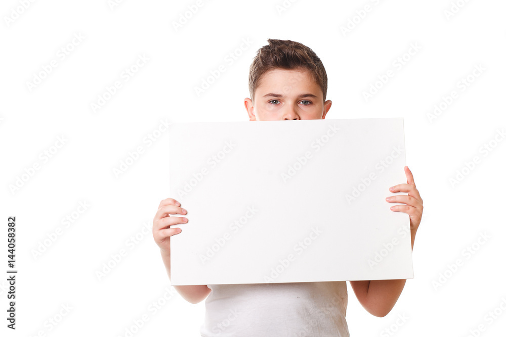 Funny little boy holding a large white plate for your text Funny little boy holding a large white plate for your text