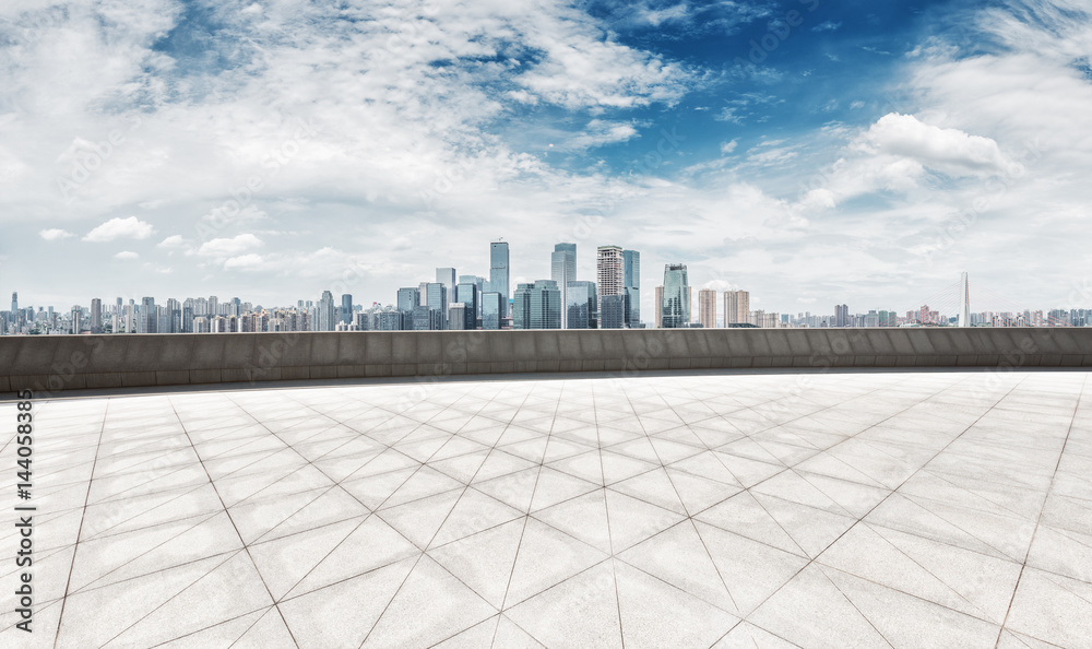 empty brick floor with cityscape of modern city empty brick floor with cityscape of modern city