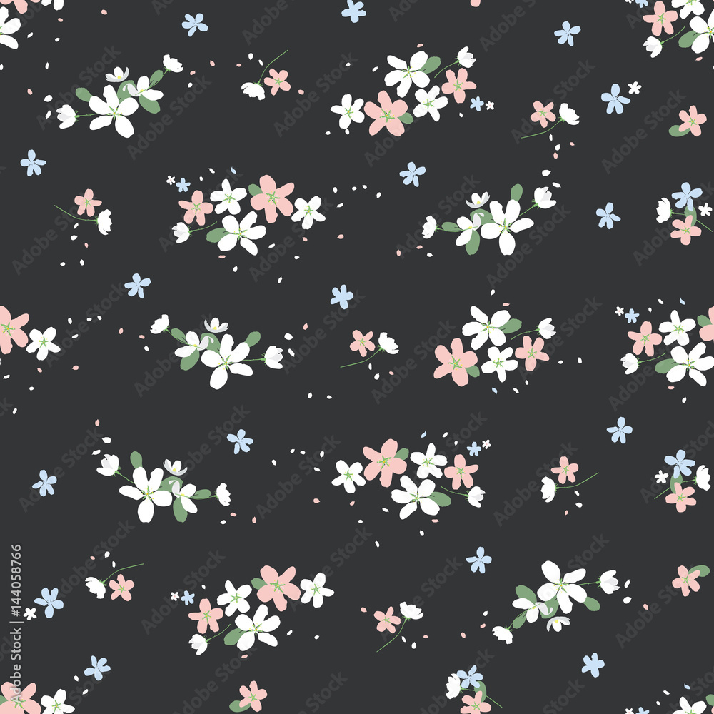 Seamless pattern with small flowers on a dark background. Rich fashionable floral texture for Wallpaper, interior, tiles, Seamless pattern with small flowers on a dark background. Rich fashionable floral texture for Wallpaper, interior, tiles,