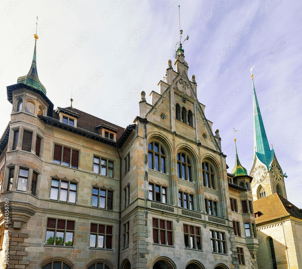 City Hall Stadthaus and Fraumunster Church in Zurich