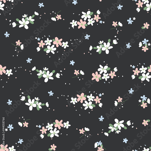 Seamless pattern with small flowers on a dark background. Rich fashionable floral texture for Wallpaper, interior, tiles, 