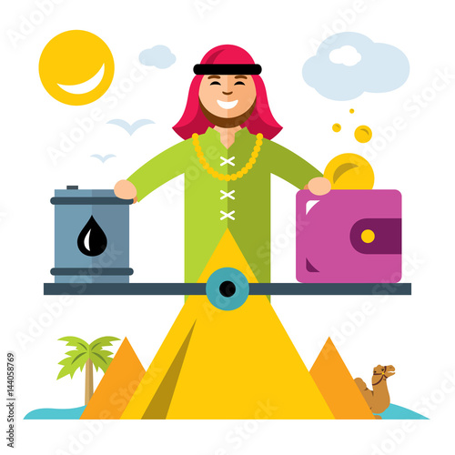 Vector Arab Petroleum Industry. Saudi oil wealth concept. Flat style colorful Cartoon illustration.