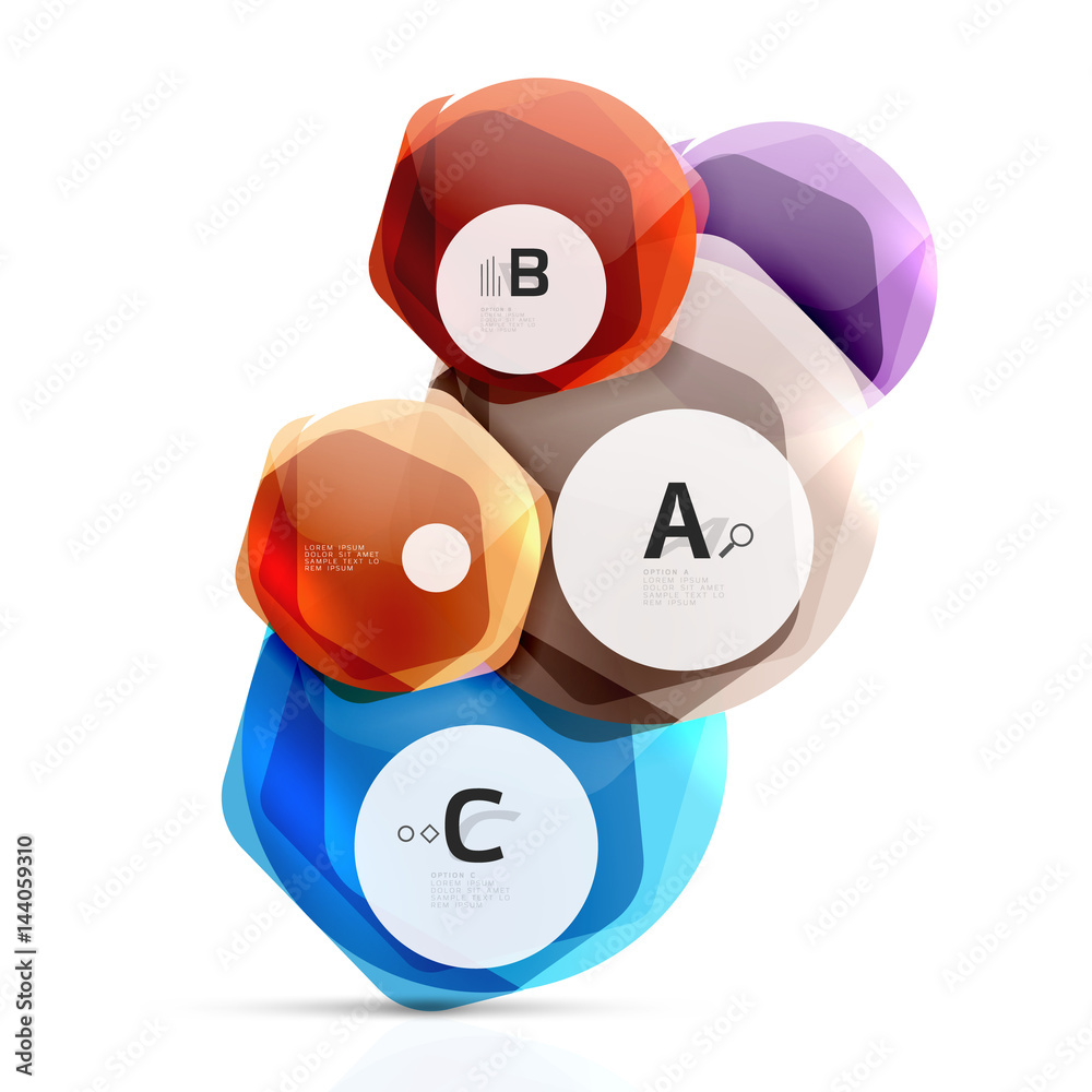 Glass color hexagons. Glossy plastic hexagon design with text Glass color hexagons. Glossy plastic hexagon design with text