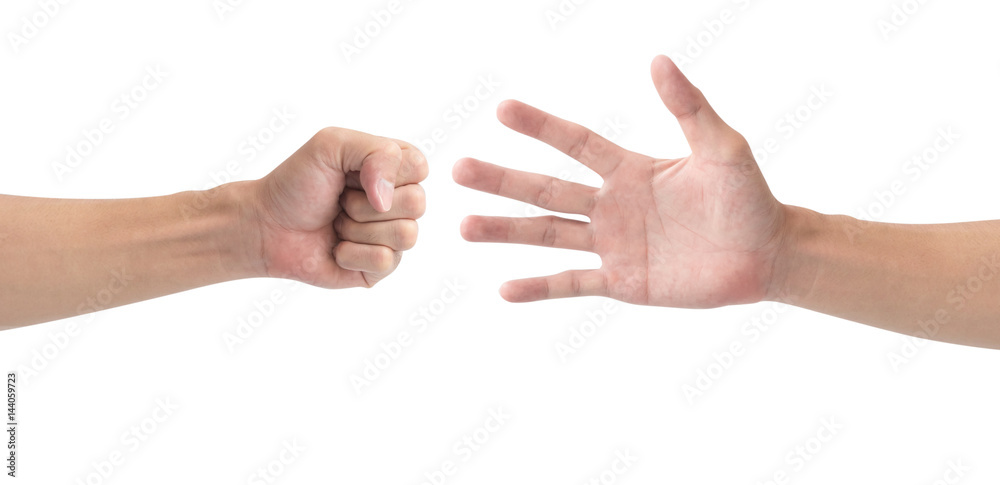Man hand playing rock paper scissors isolate on white background
