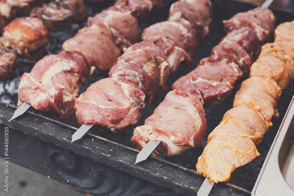 Beef and chicken kebab. Fresh meat at grill, bbq Beef and chicken kebab. Fresh meat at grill, bbq