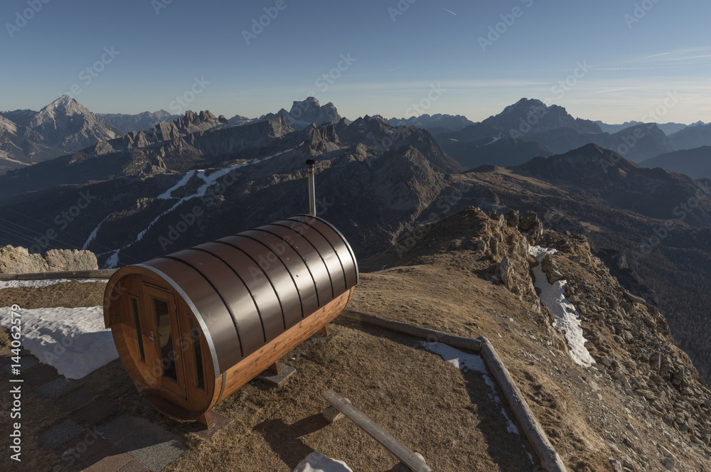 Lagazuoi mount, Falzarego Pass, Cortina d'Ampezzo, Dolomiti, Dolomites, Belluno, Veneto, Italy. Lagazuoi refuge's sauna. Lagazuoi mount, Falzarego Pass, Cortina d'Ampezzo, Dolomiti, Dolomites, Belluno, Veneto, Italy. Lagazuoi refuge's sauna.