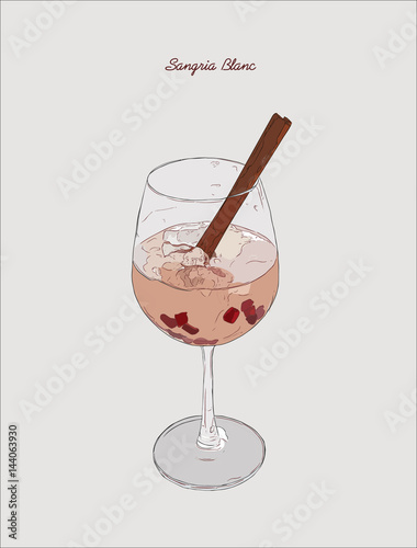 Sangria Blanc cocktail , pomeganate , cinnamon infuse sangria ,hand drawn sketch line art vector.