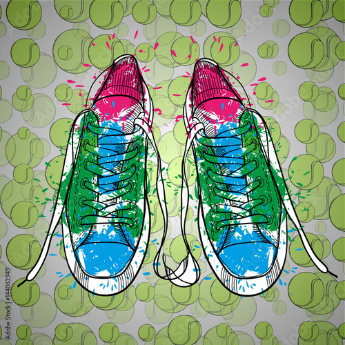 illustraton of drawing isolated objects sneakers with tennis ball. Hand drawn and doodle footwear for logo.