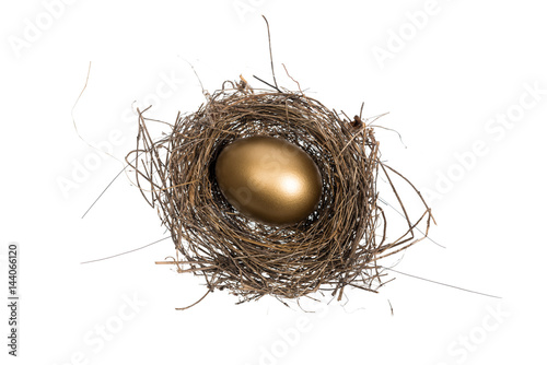 Golden egg inside a nest isolated on white background. Conceptual image for gold investment and business.  photo