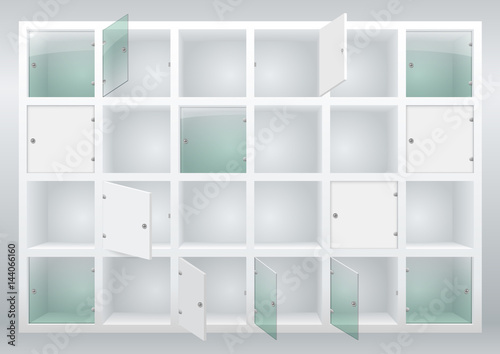 Shelves and drawers with doors of their glass or plywood. Cloakroom or storage of things. Vector graphics