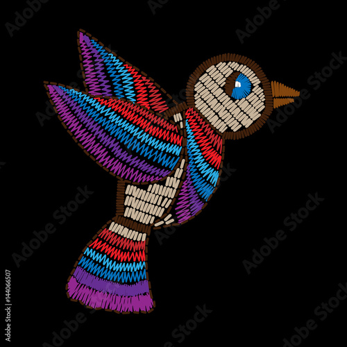 Bird embroidery stitches imitation on the black background