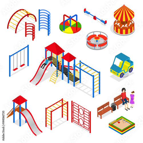 Kids Playground Elements Set Isometric View. Vector
