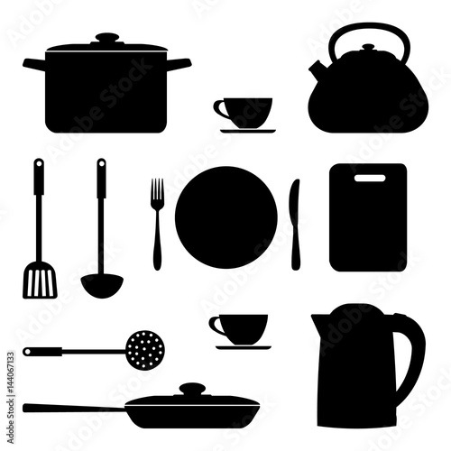 Black shapes of kitchen utensils and tools isolated on white background. There is a saucepan, a kettle, a frying pan, a plate, a fork, a knife and other objects in the picture. Vector illustration