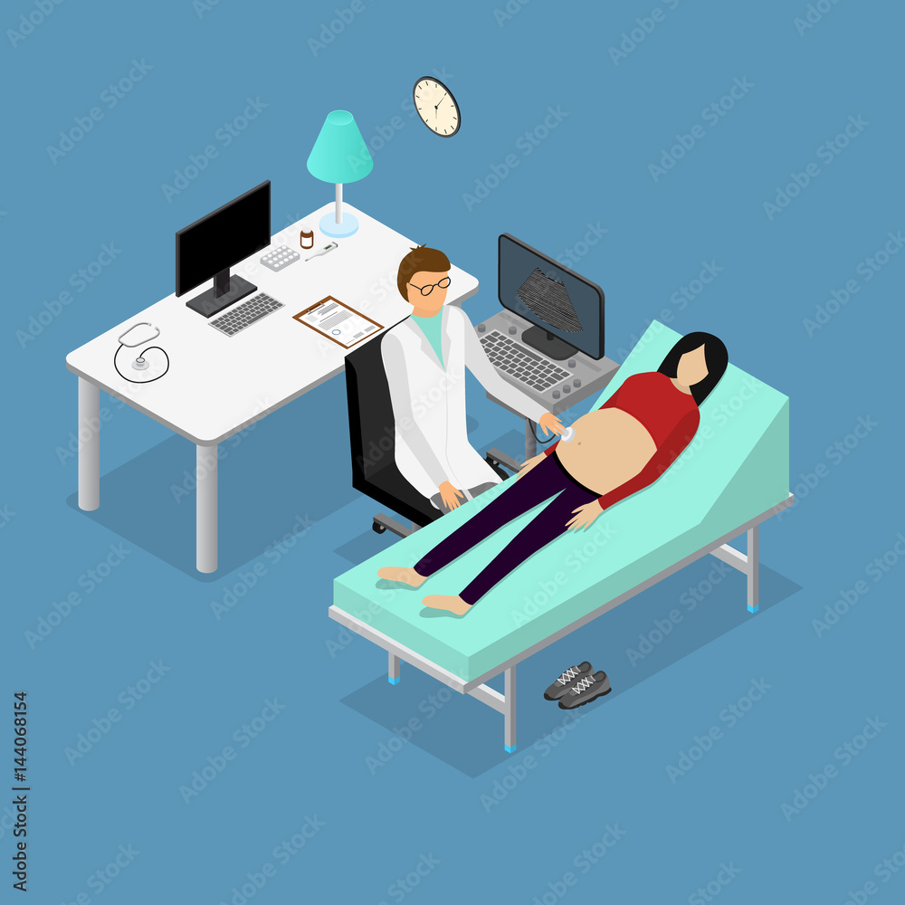 Pregnancy Woman and Doctor with Ultrasound Appointment Isometric View. Vector