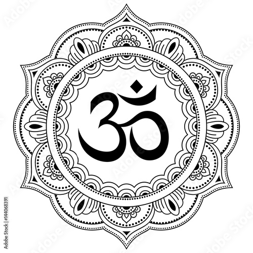 Circular pattern in the form of a mandala. OM decorative symbol. Mehndi style. Decorative pattern in oriental style with the ancient Hindu mantra OM. Henna tattoo pattern in Indian style.