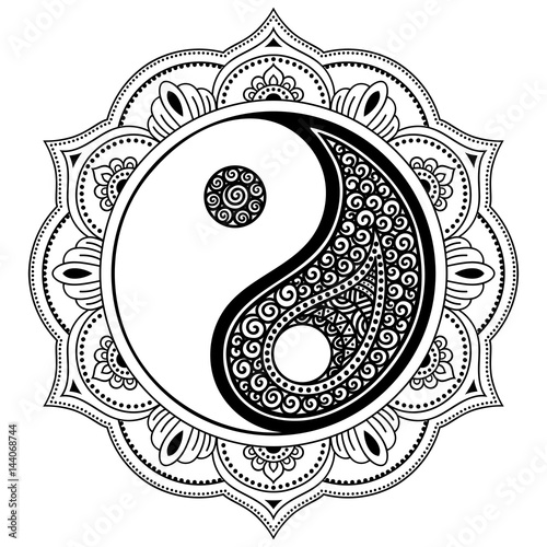 Vector henna tatoo mandala. Yin-yang decorative symbol. Mehndi style. Decorative pattern in oriental style. Coloring book page.