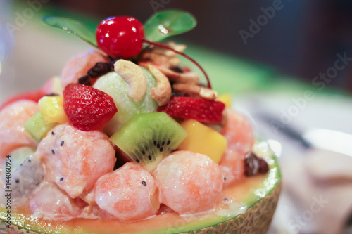 The fruit salad in a melon bowl