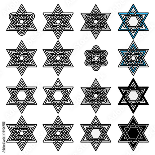 Knoted Israel David stars collection. Set of abstract graphic elements for your design. Black stars and circles isolated on white background. Vector illustration